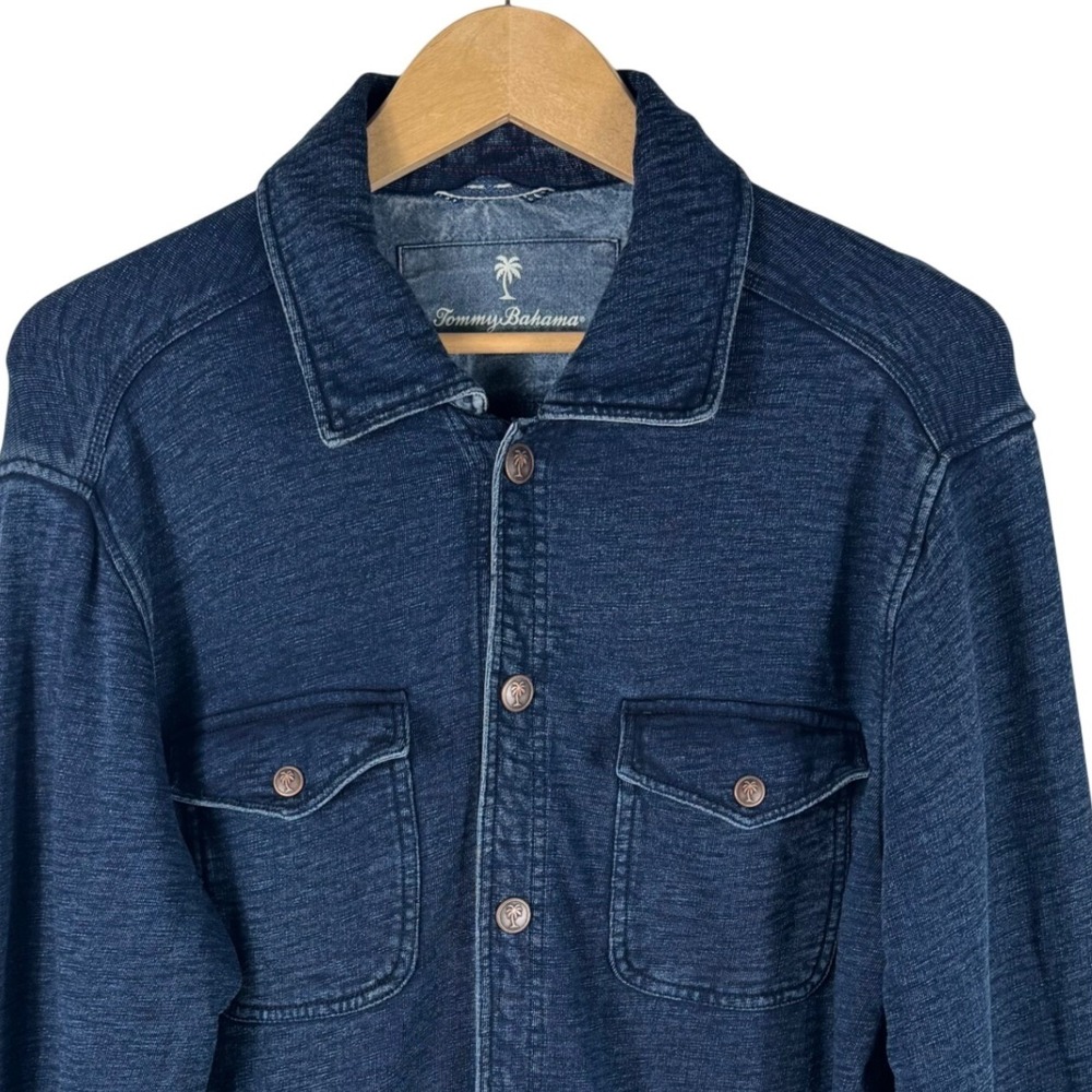 Tommy Bahama Shirt Jacket Mens M Indigo Slub Knit Cotton Navy Blue Snap Closure